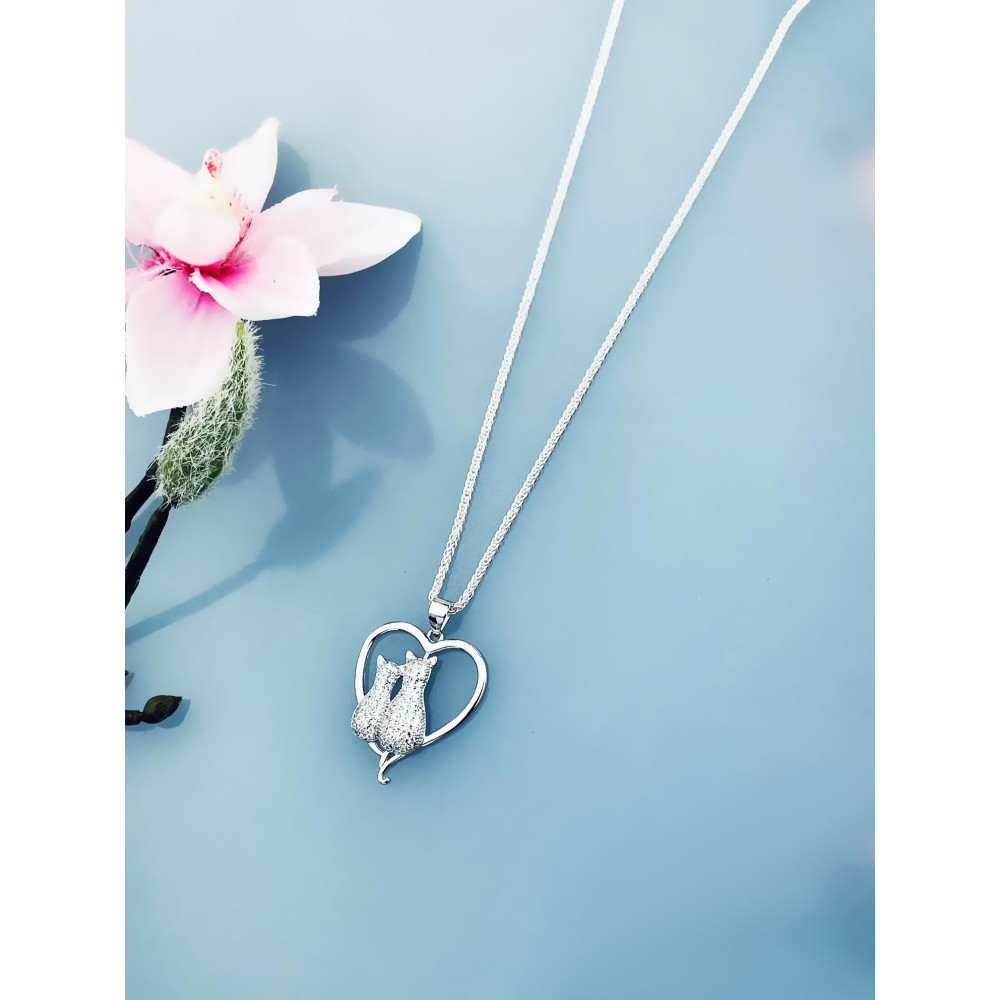 925 Silber Damen Medaillon Anhänger Herz und Katzen mit Zirkonia
