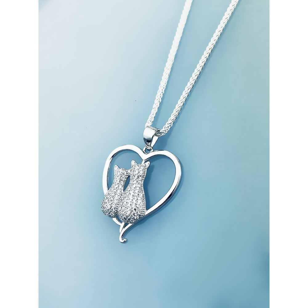 925 Silber Damen Medaillon Anhänger Herz und Katzen mit Zirkonia