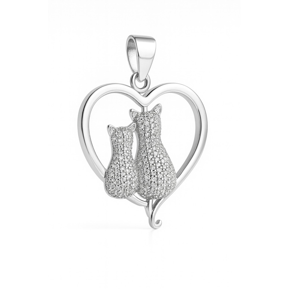 925 Silber Damen Medaillon Anhänger Herz und Katzen mit Zirkonia