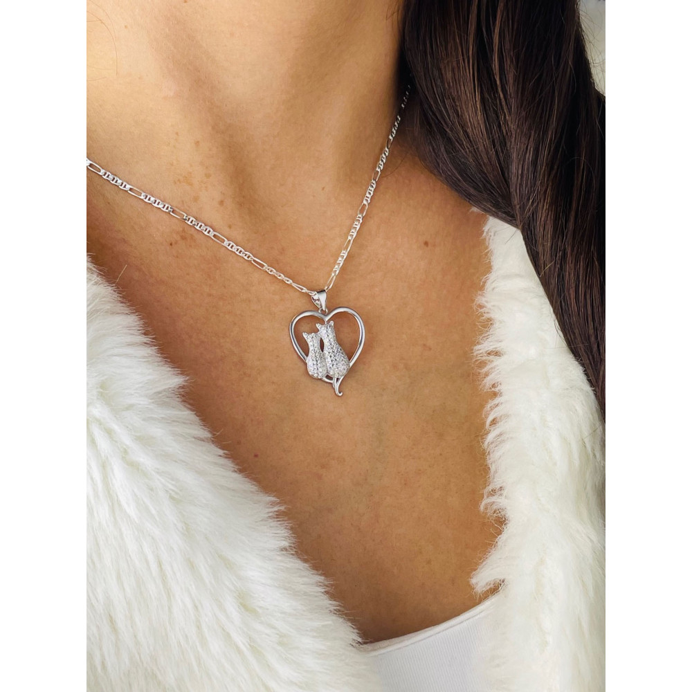 925 Silber Damen Medaillon Anhänger Herz und Katzen mit Zirkonia