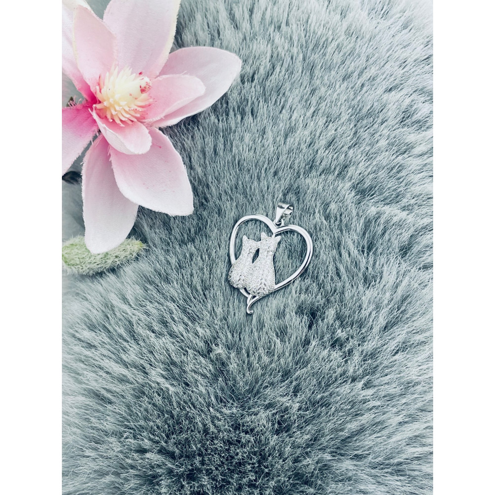 925 Silber Damen Medaillon Anhänger Herz und Katzen mit Zirkonia