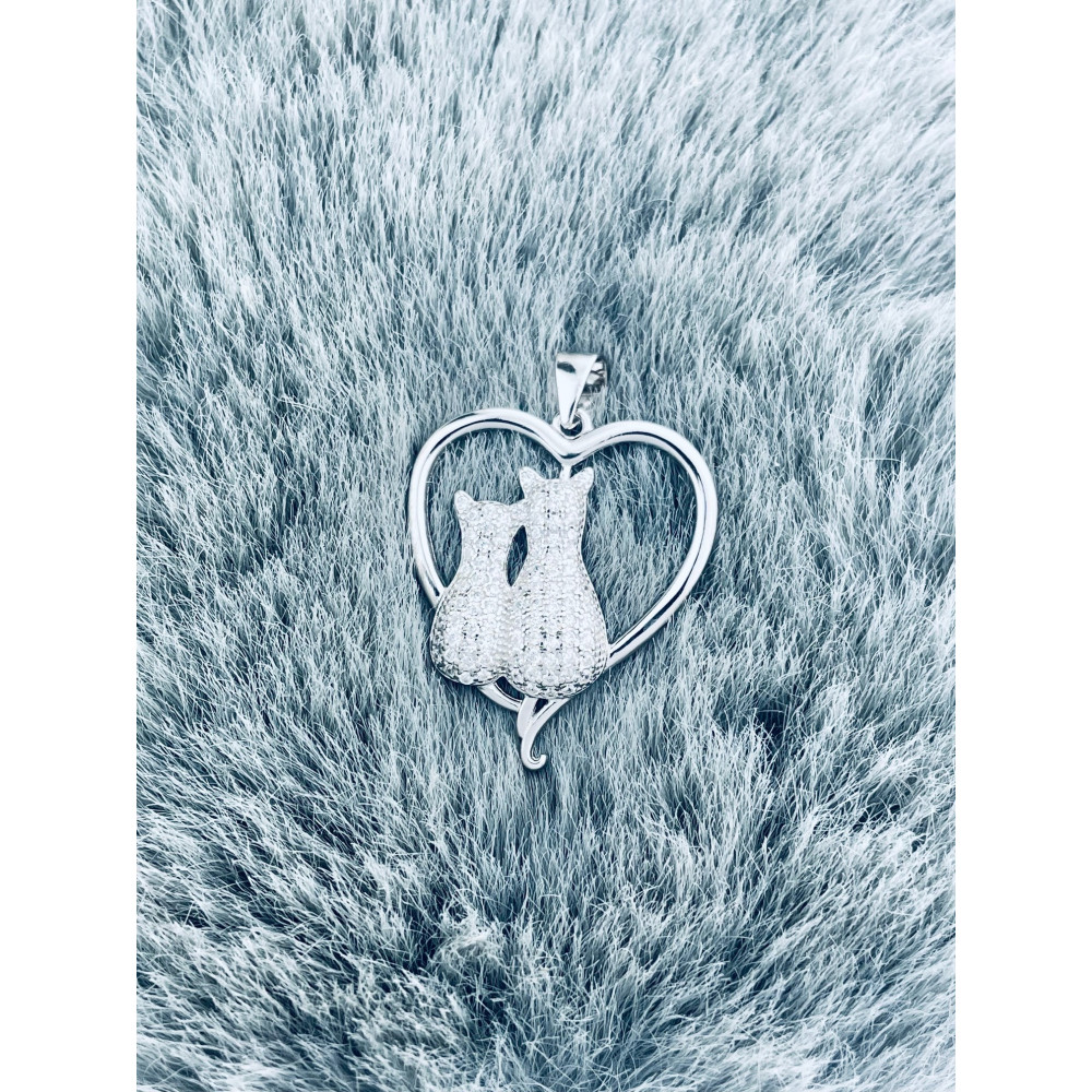 925 Silber Damen Medaillon Anhänger Herz und Katzen mit Zirkonia