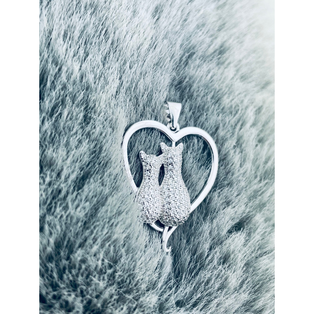 925 Silber Damen Medaillon Anhänger Herz und Katzen mit Zirkonia