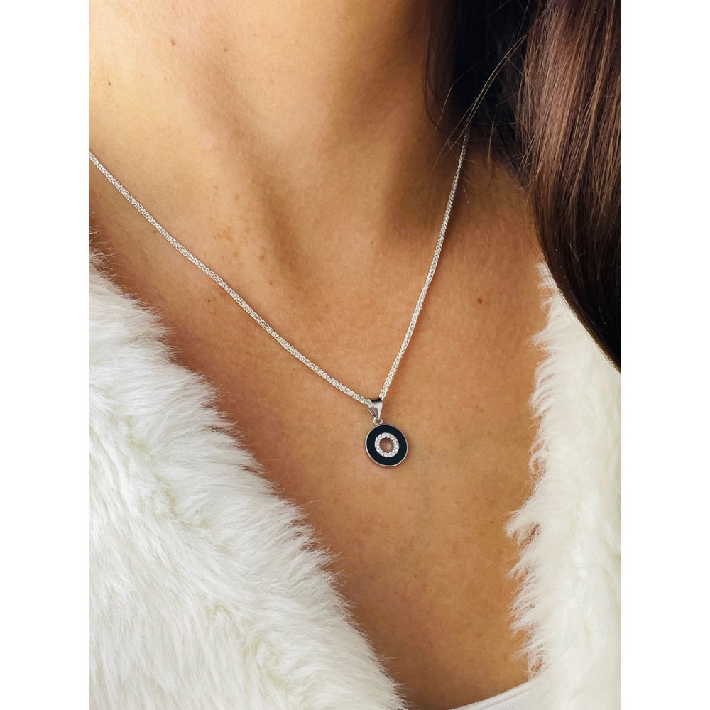 Srebrna zawieszka czarne kółko z cyrkoniami