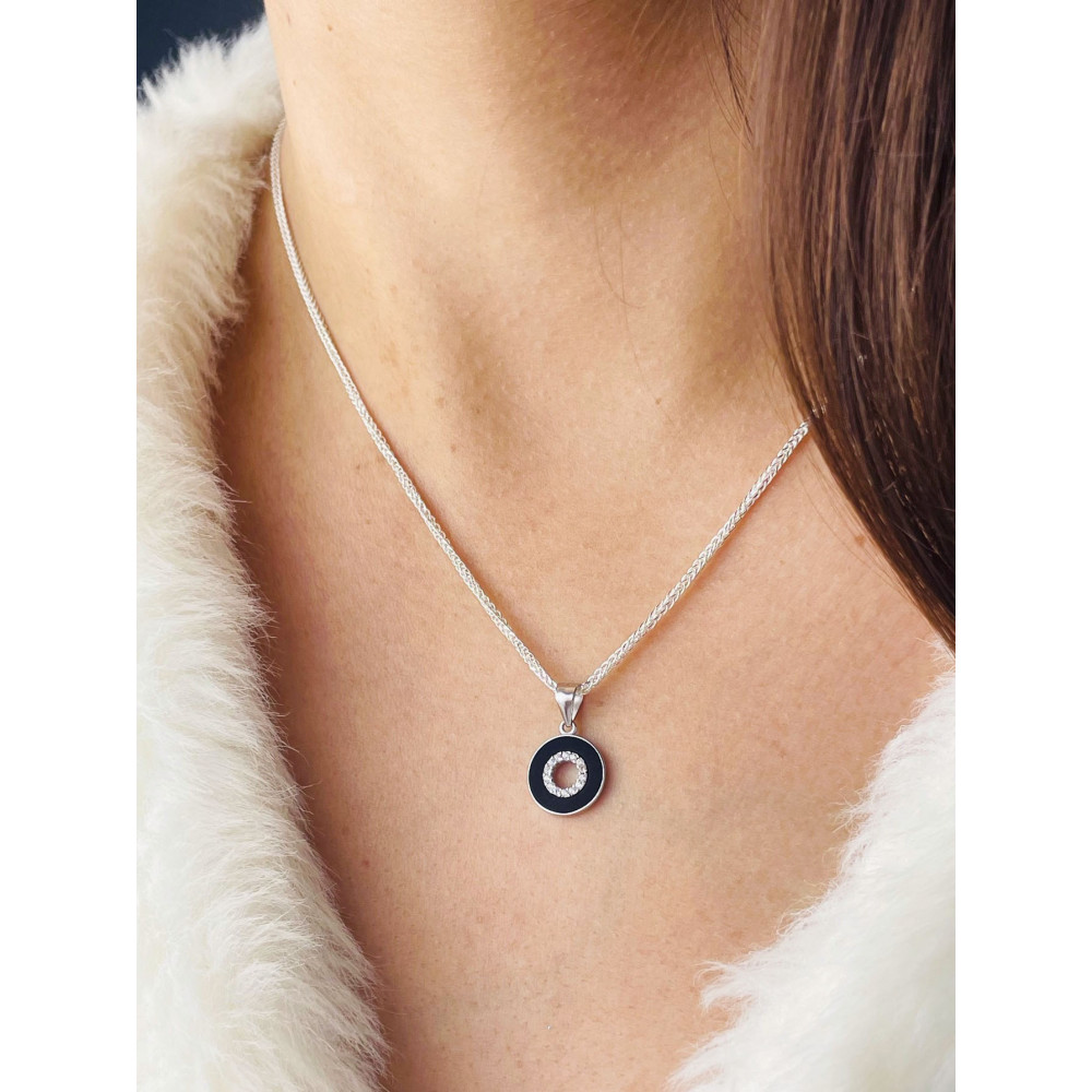 925 Silber Damen Medaillon Anhänger schwarzer Kreis mit Zirkonia