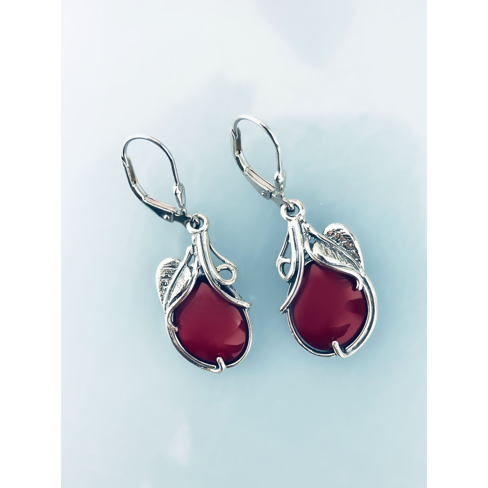 Srebrne kolczyki wiszące koral z listkiem i cyrkonią retro