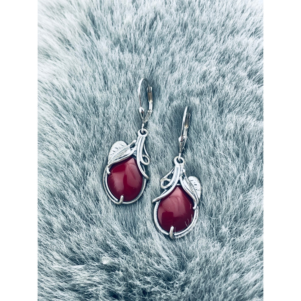 Srebrne kolczyki wiszące koral z listkiem i cyrkonią retro