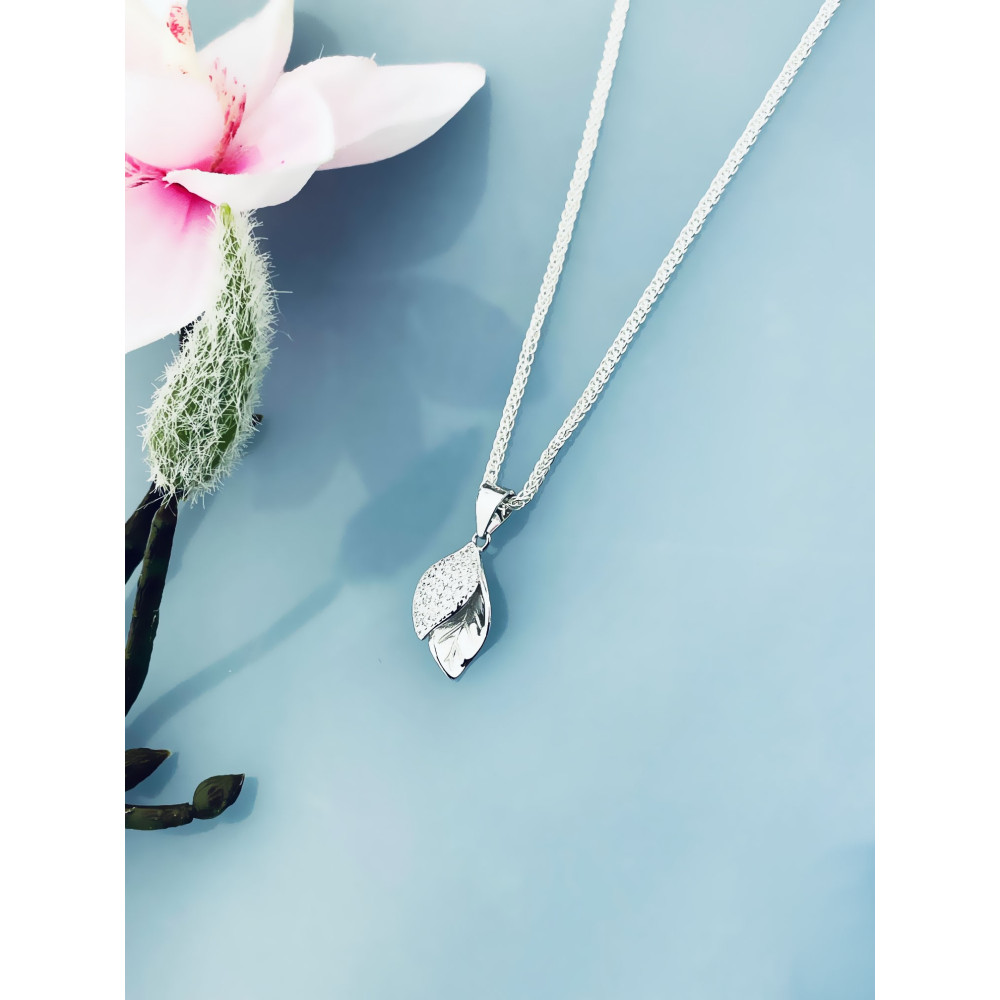 Silber Damen Medaillon Anhänger Blätter mit Zirkonia