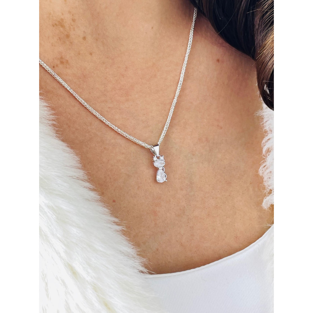 Silber Damen Medaillon Anhänger Katze mit Zirkonia