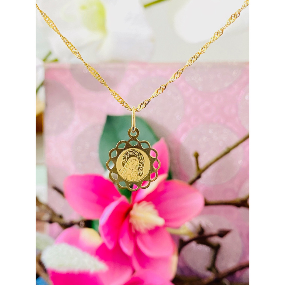 Złoty Medalik Zawieszka Matka Boska z Dzieciątkiem Jezus