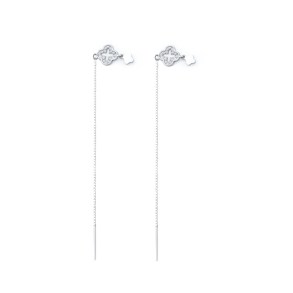 Srebrne kolczyki wiszące przewlekane koniczynki  z cyrkoniami