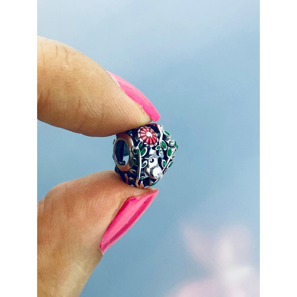 Srebrny koralik zawieszka charms serce ptaszek vintage