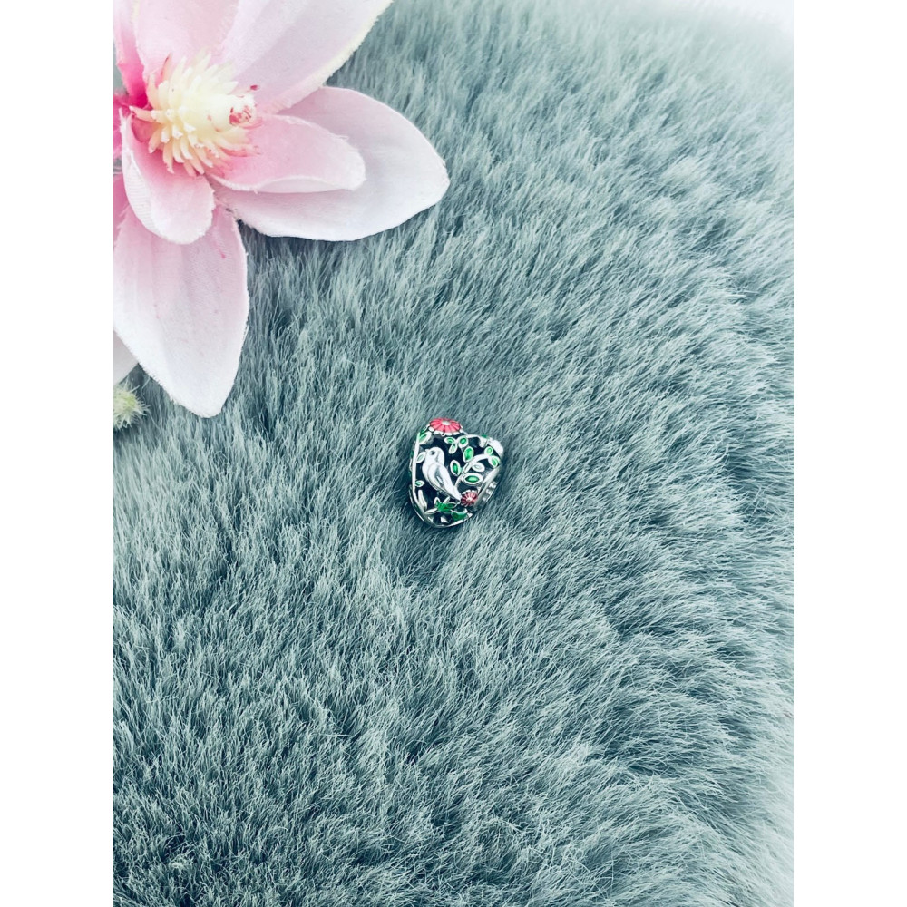 Srebrny koralik zawieszka charms serce ptaszek vintage