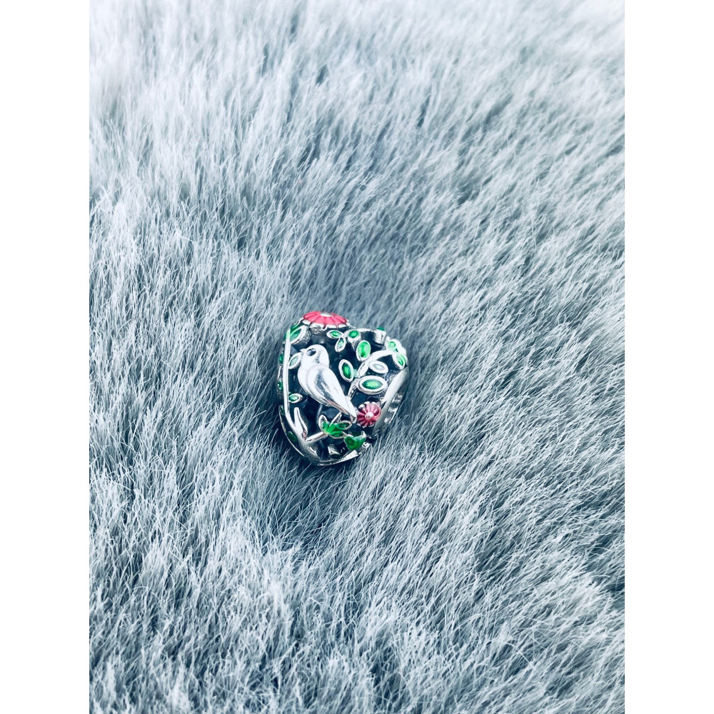 Srebrny koralik zawieszka charms serce ptaszek vintage