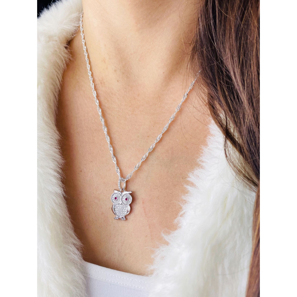 Silber Damen Medaillon Anhänger Eule mit Zirkonia