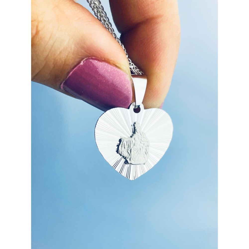 Srebrny medalik dwustronny serce Szkaplerz Matka Boska z góry Karmel i Pan Jezus