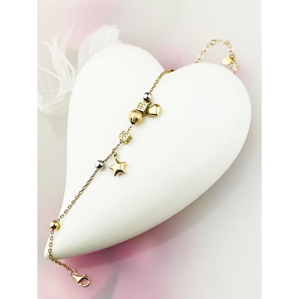 Złota bransoletka ankier z koralikami sercem i gwiazdką