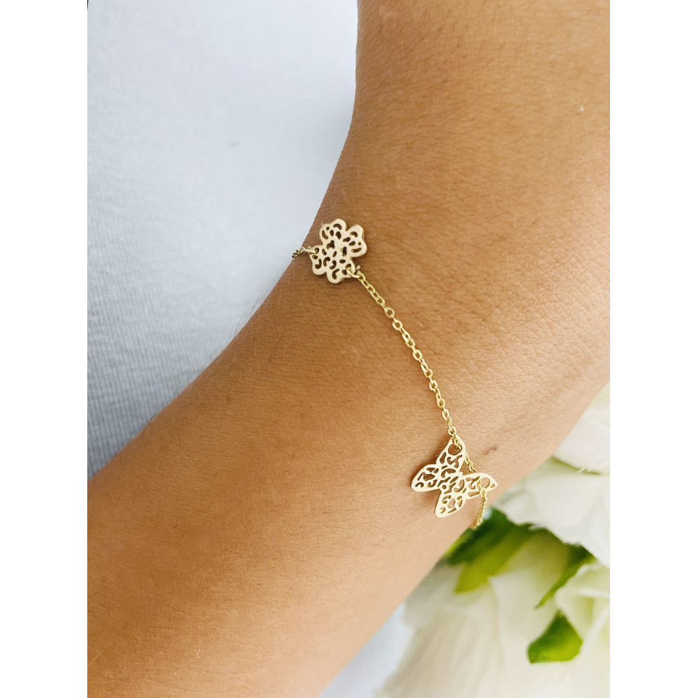 Damen Gold Armband Armkette Anhänger Kleeblatt Schmetterling