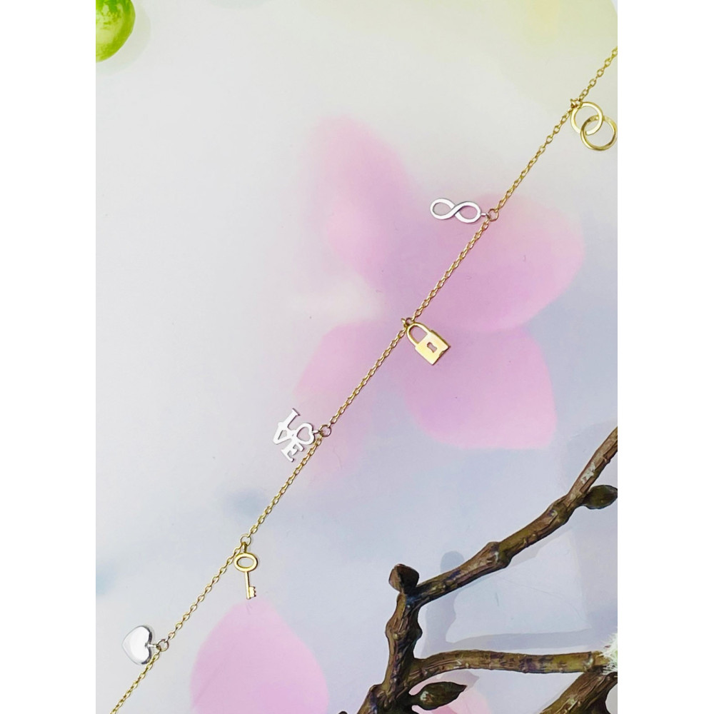 Damen Armband Gold Bicolor Schlüssel Herz Love Infinity Vorhängeschloss