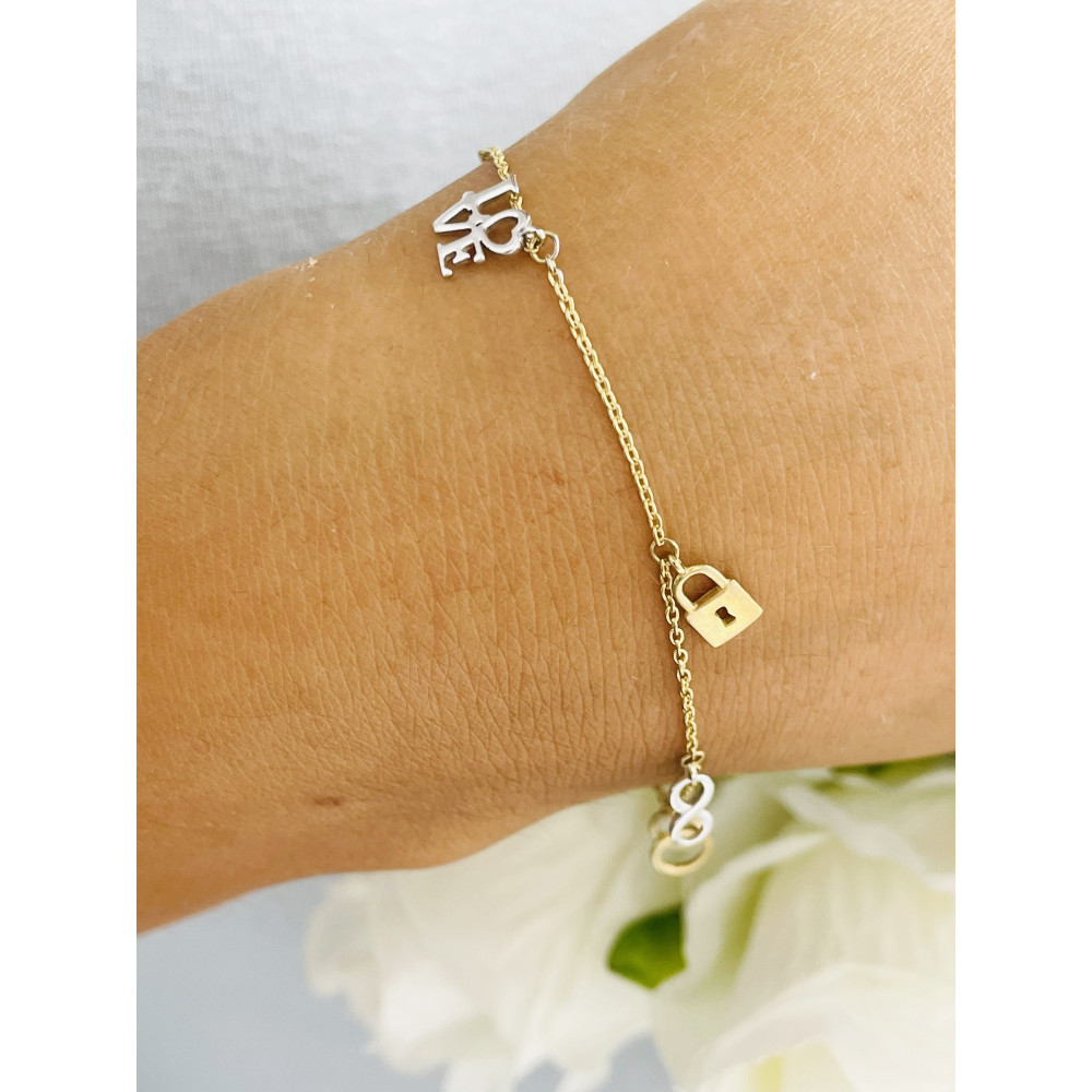 Damen Armband Gold Bicolor Schlüssel Herz Love Infinity Vorhängeschloss