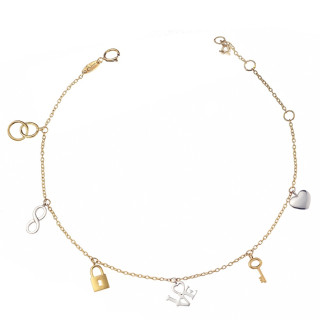 Damen Armband Gold Bicolor Schlüssel Herz Love Infinity Vorhängeschloss