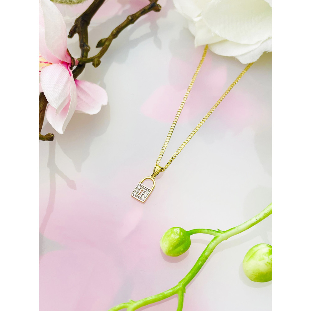 Złoty wisiorek kłódka z cyrkoniami zawieszka kłódeczka bikolor