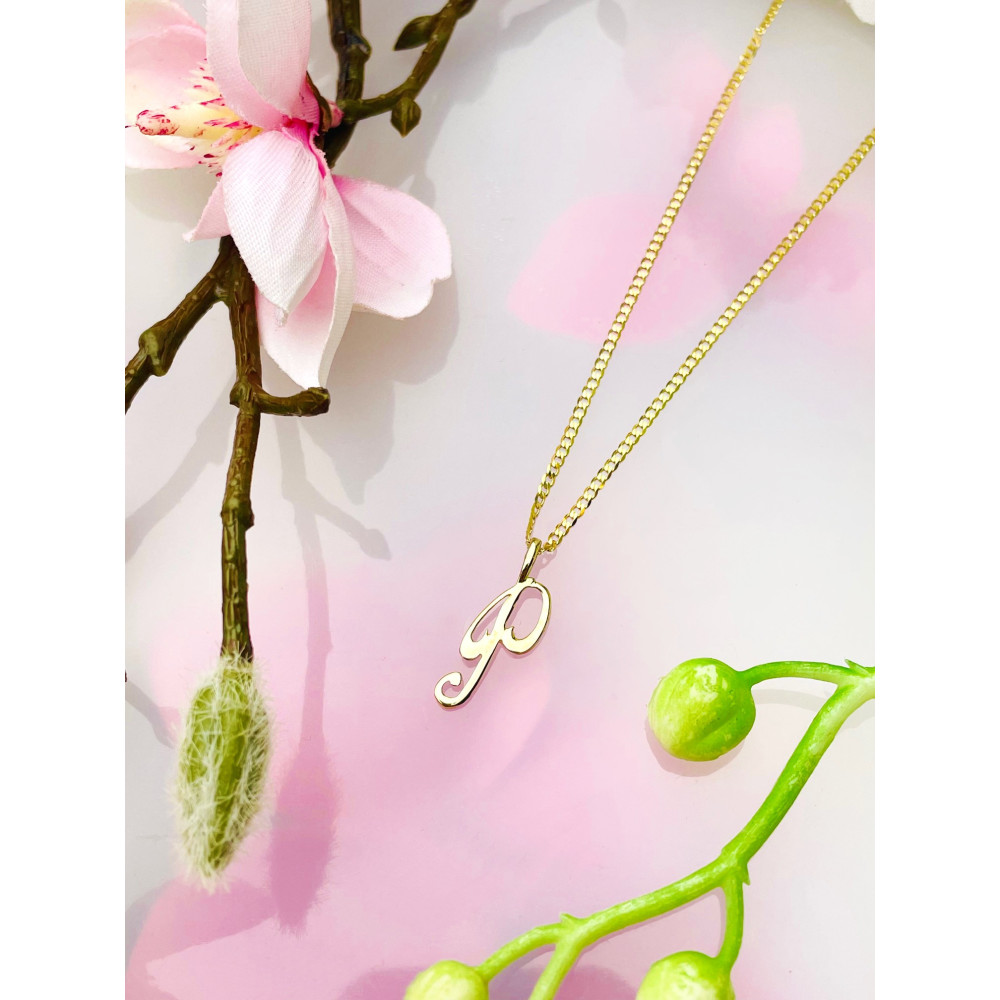 Złoty wisiorek zawieszka ozdobna literka P z zawijasami gładka polerowana