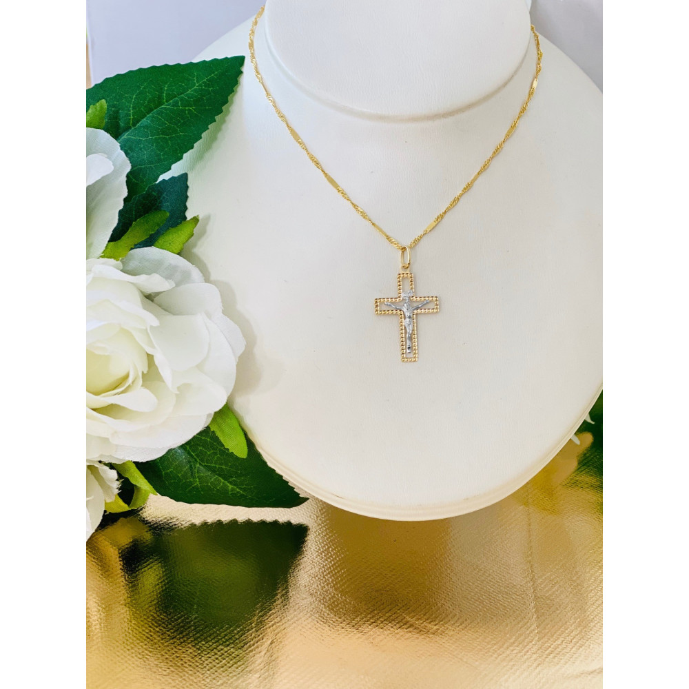 Złoty krzyżyk dwukolorowy diamentowany Jezus Chrystus