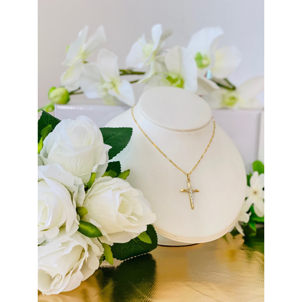 Złoty krzyżyk dwukolorowy Jezus Chrystus