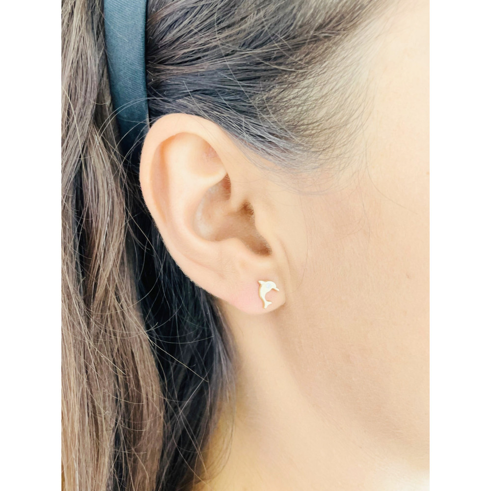 Złote kolczyki z cyrkoniami delfinki