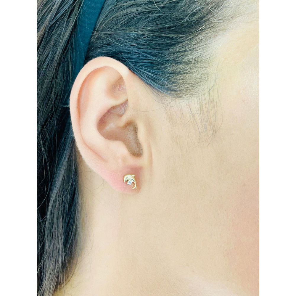 Złote kolczyki z cyrkoniami delfinki