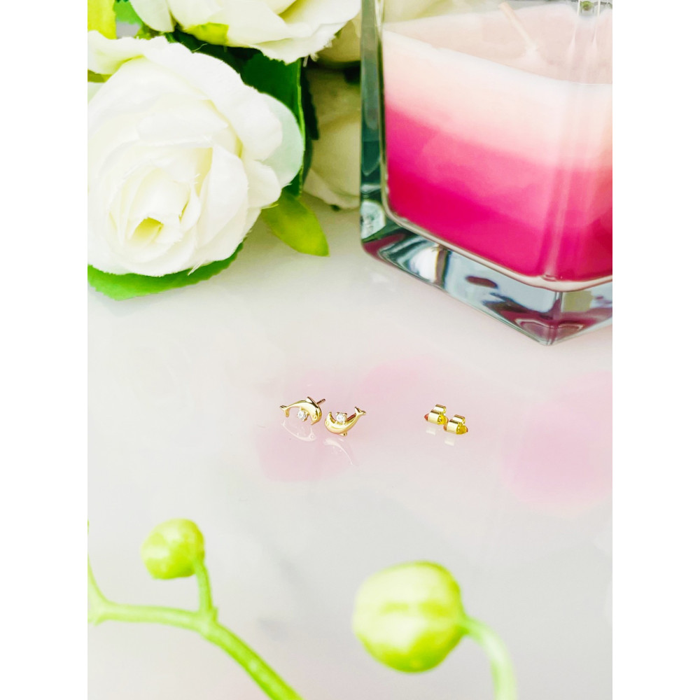 Złote kolczyki z cyrkoniami delfinki