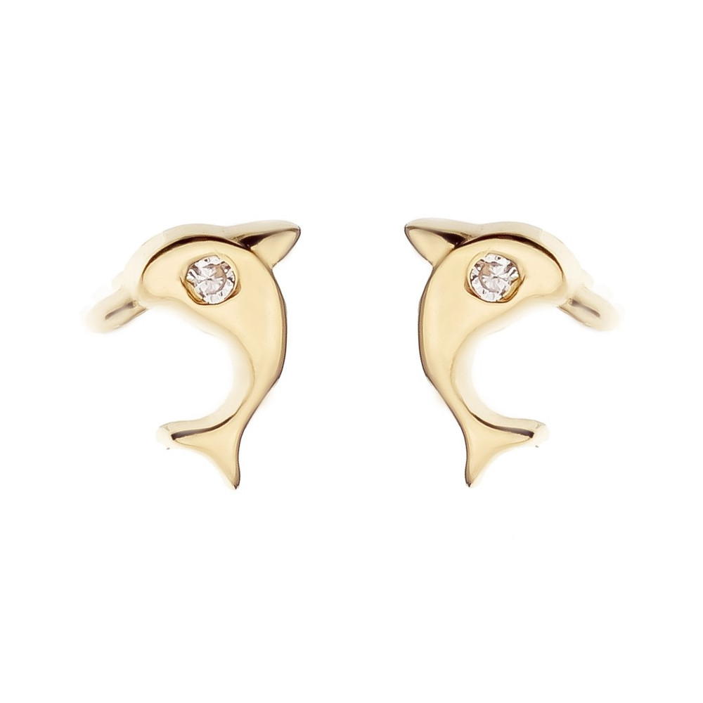 Złote kolczyki z cyrkoniami delfinki