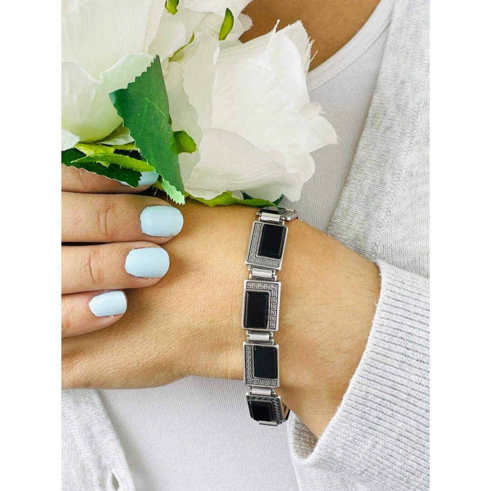 Damenarmband mit griechischem Muster aus 925er Silber mit Onyx