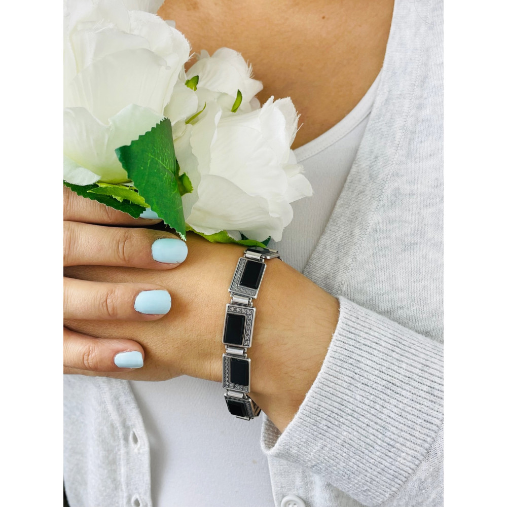 Damenarmband mit griechischem Muster aus 925er Silber mit Onyx