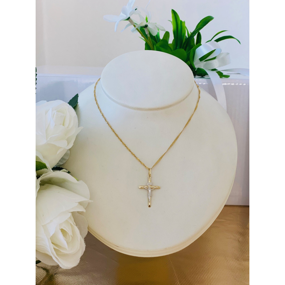 Złoty krzyżyk dwukolorowy Jezus Chrystus