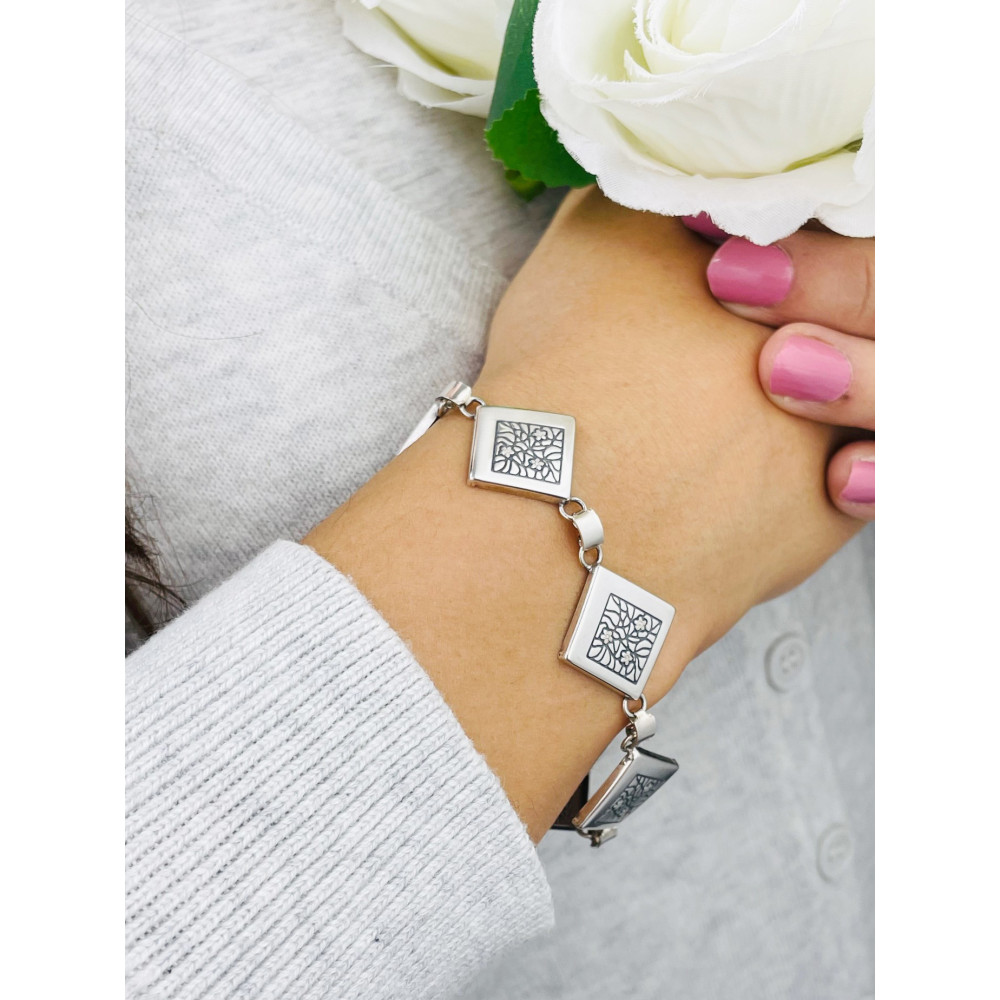 Quadrat Blume Armband 925 Silber Damen