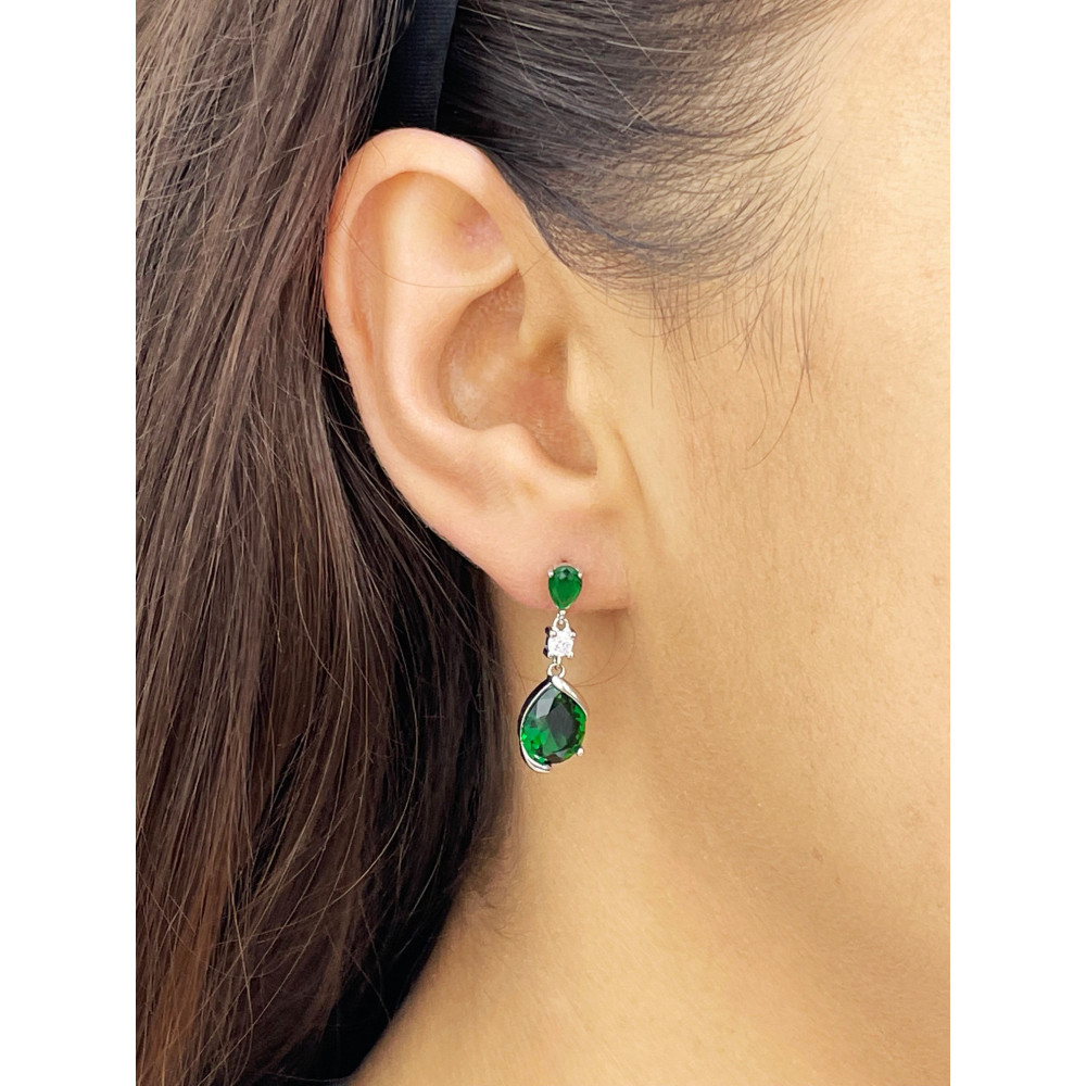 Srebrne kolczyki wiszące łezki kropelki z cyrkoniami butelkowa zieleń