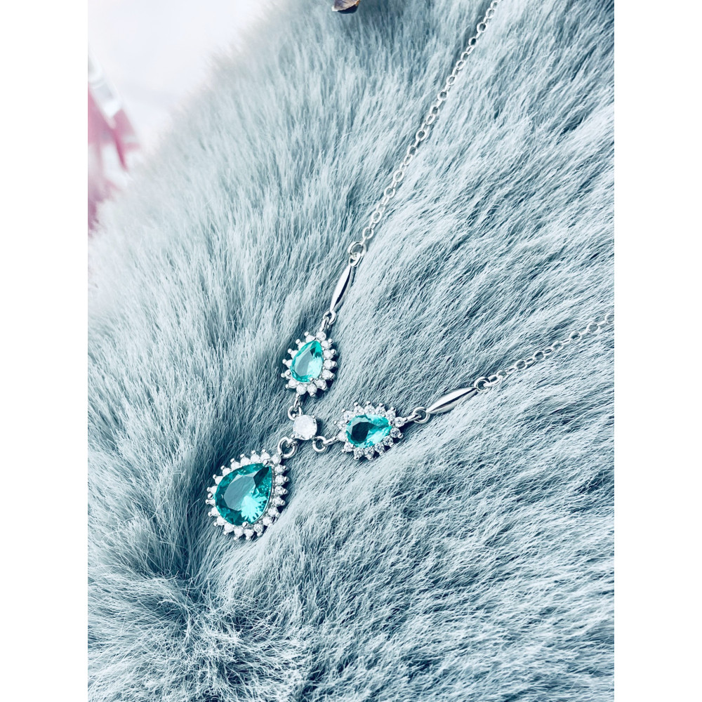 Srebrny naszyjnik łezki krople z cyrkoniami turkusowy