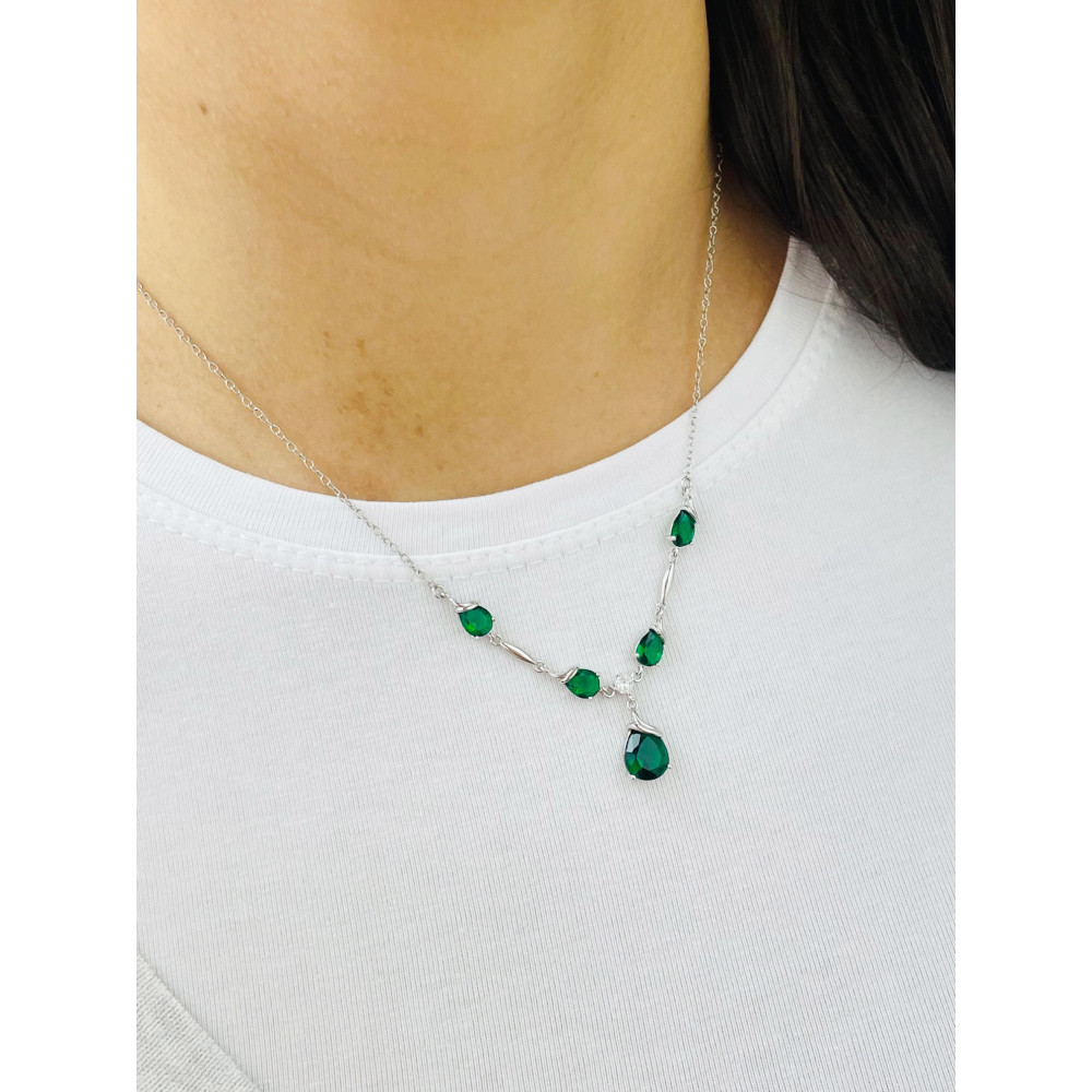 Srebrny naszyjnik łezki krople z cyrkoniami butelkowa zieleń