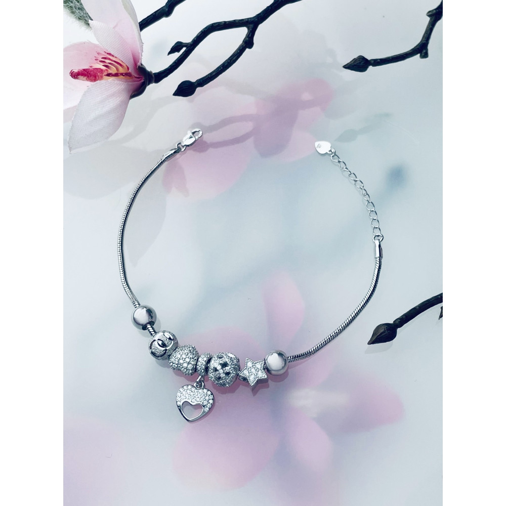 Srebrna bransoletka wężyk charms z cyrkoniami serce gwiazda