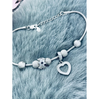 Srebrna bransoletka wężyk charms z cyrkoniami serce kwiat