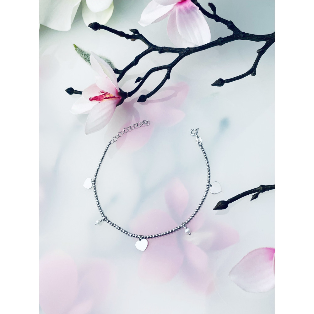 Srebrna bransoletka kulkowa serca perełki