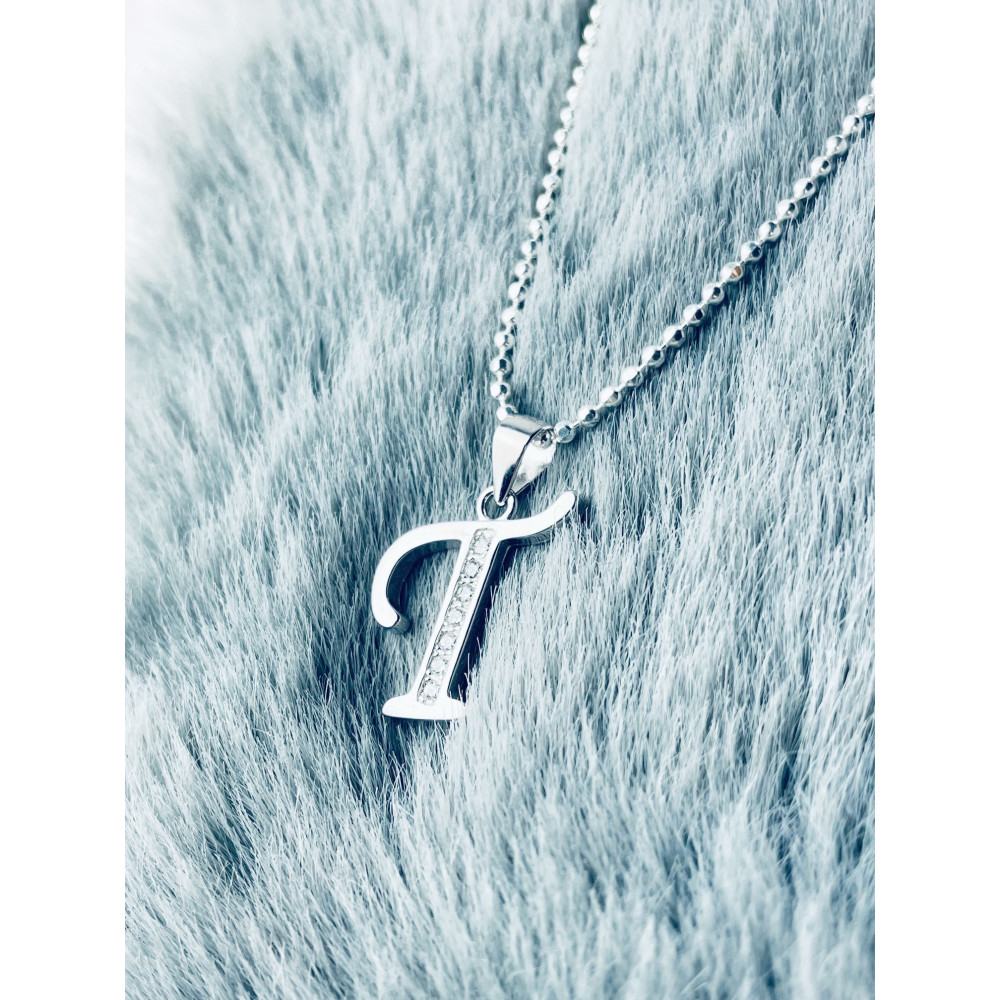 Srebrny wisiorek zawieszka ozdobna literka T z cyrkoniami