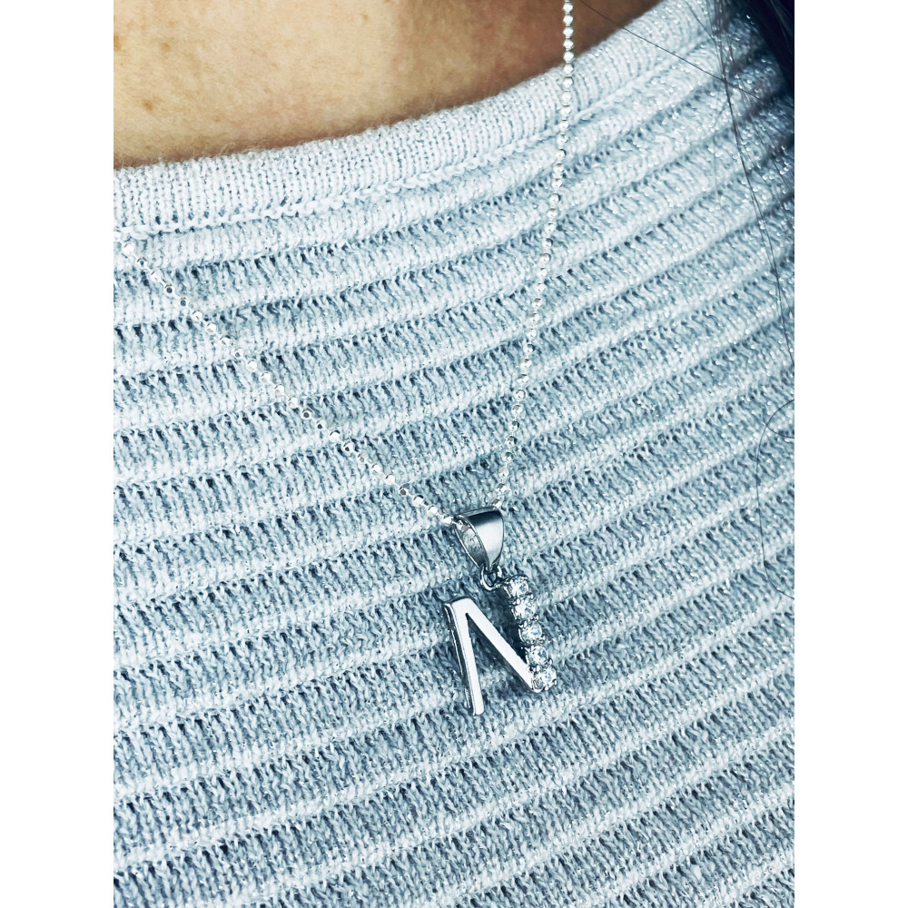 Srebrny wisiorek zawieszka literka N z cyrkoniami