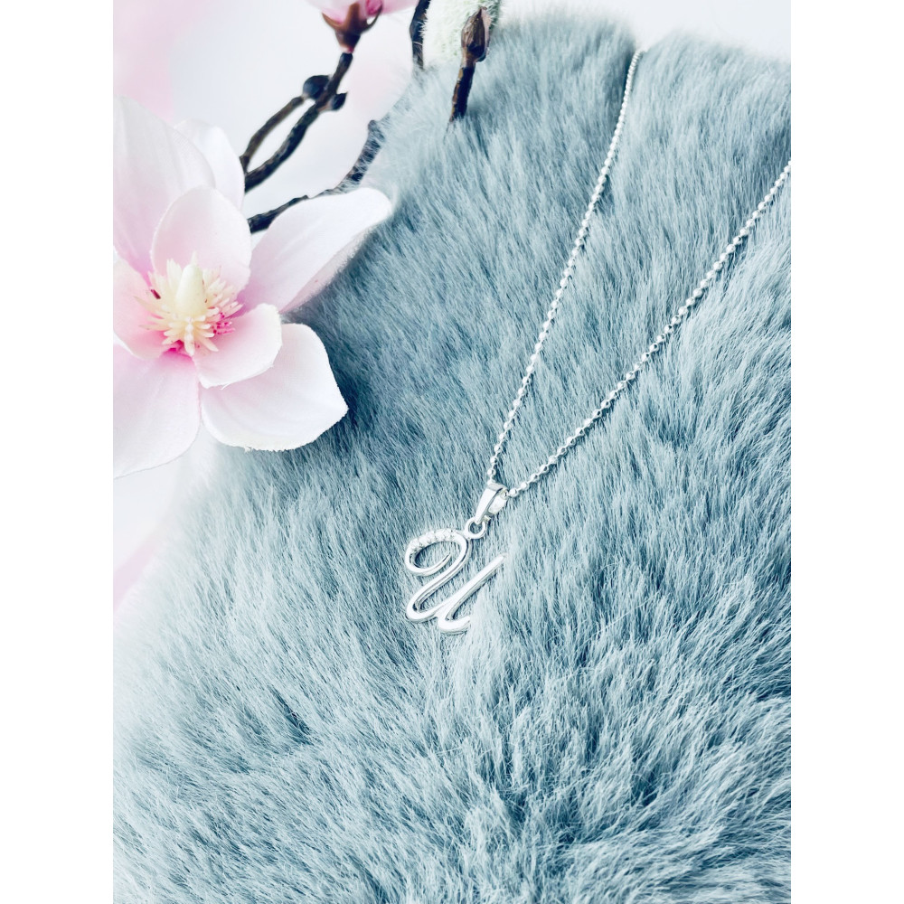 Srebrny wisiorek zawieszka ozdobna literka U z cyrkoniami