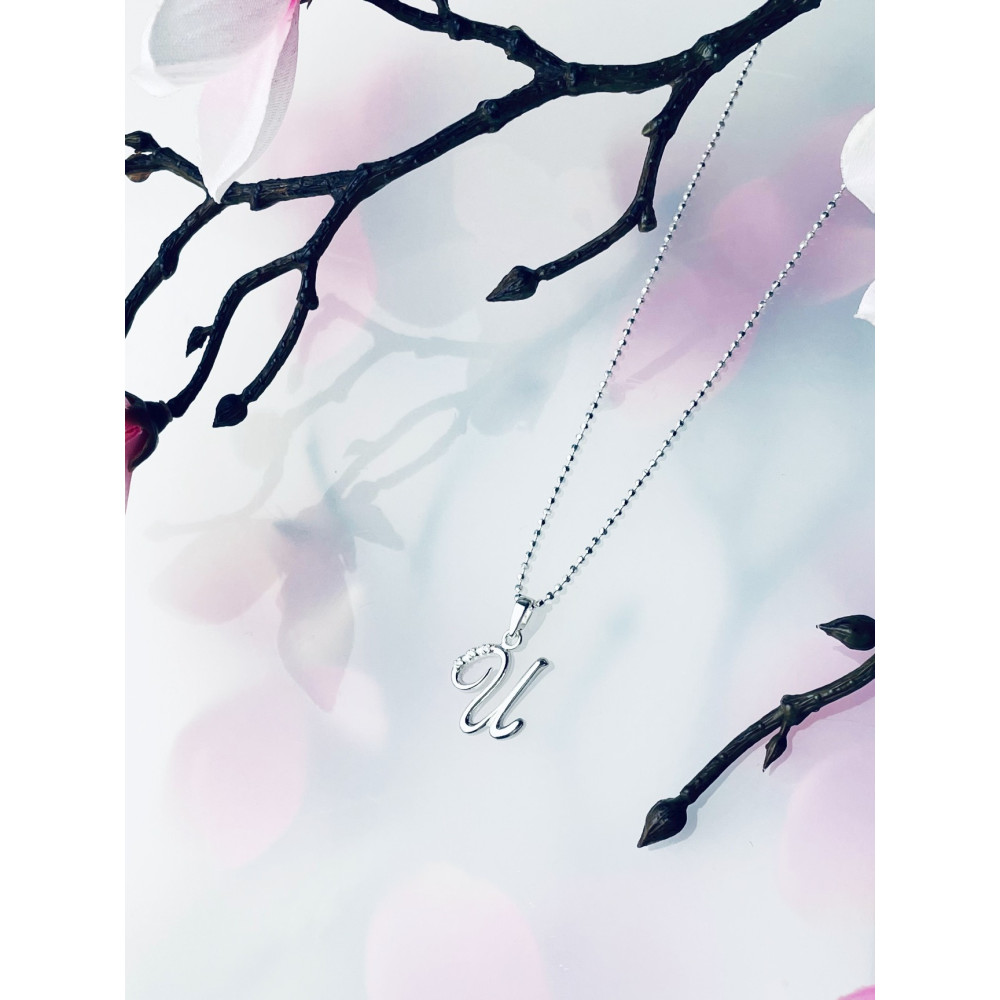 Srebrny wisiorek zawieszka ozdobna literka U z cyrkoniami