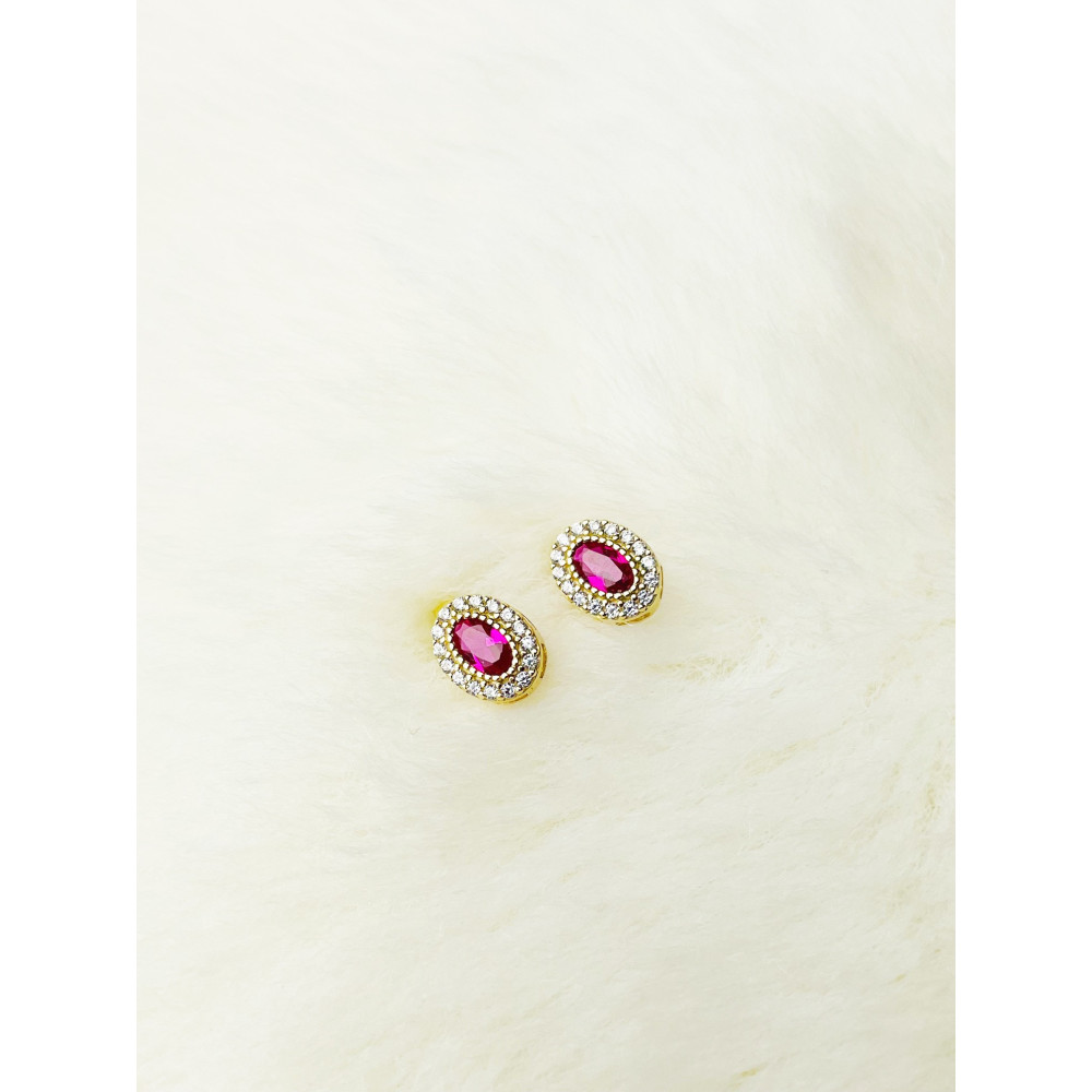 Złote kolczyki owalne z cyrkoniami rubinowe