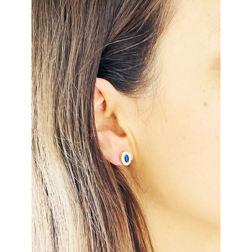 Złote kolczyki owalne z cyrkoniami szafirowe