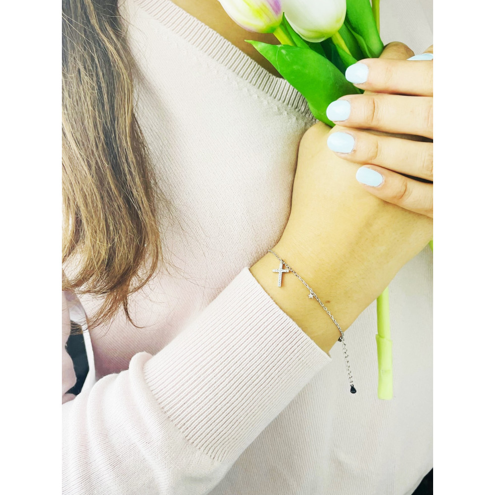 Srebrna bransoletka krzyżyk z cyrkoniami serce gwiazdka